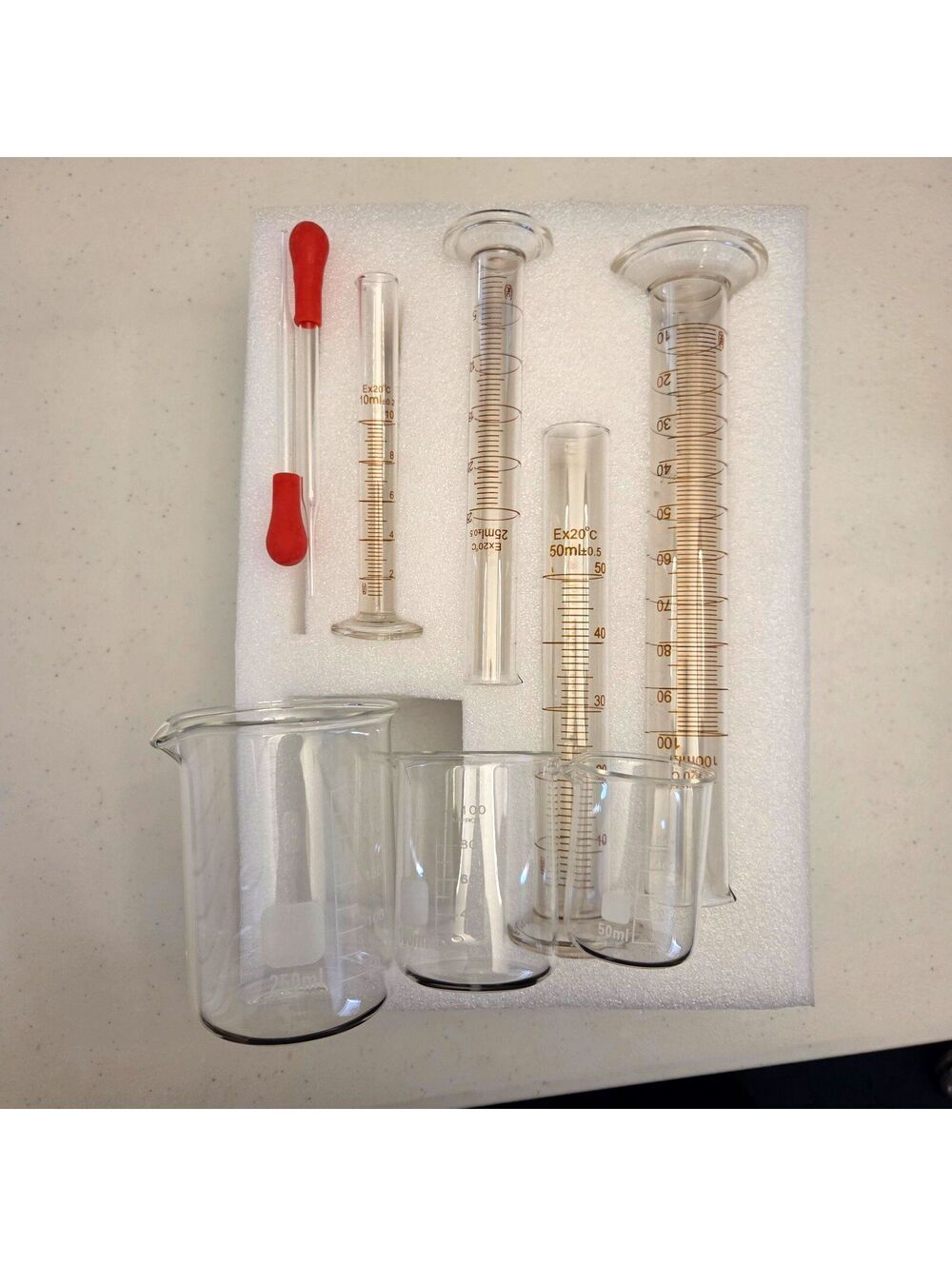Glass Graduated Cylinder Beaker Set 9pc 10-250mL Borosilicate Lab Droppers